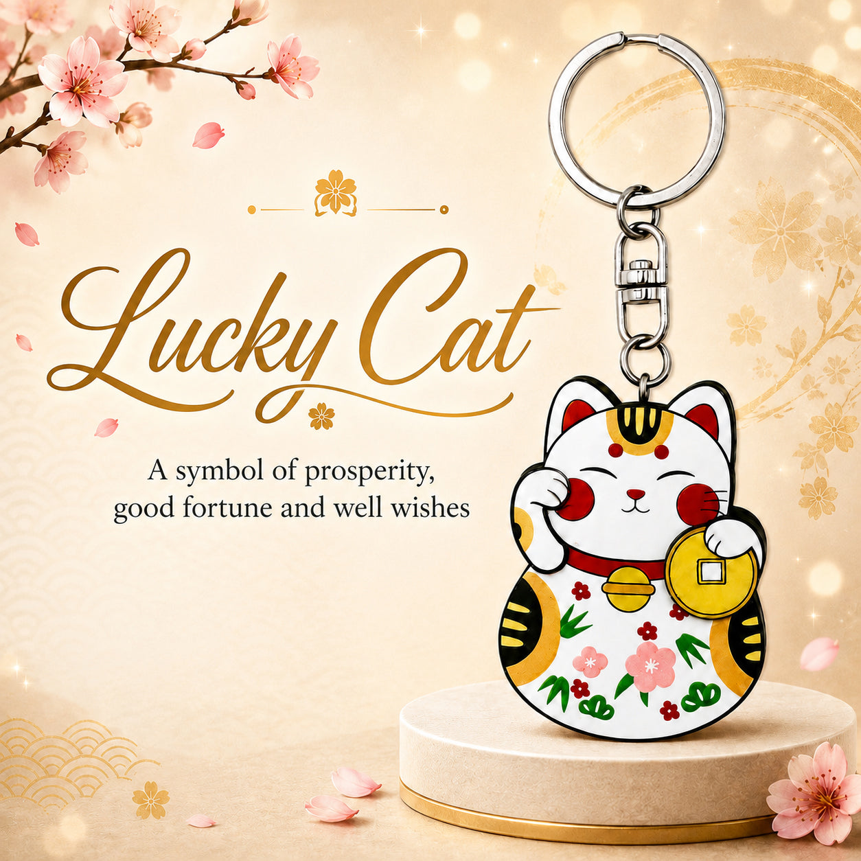 Wooden Lucky Cat Keyring