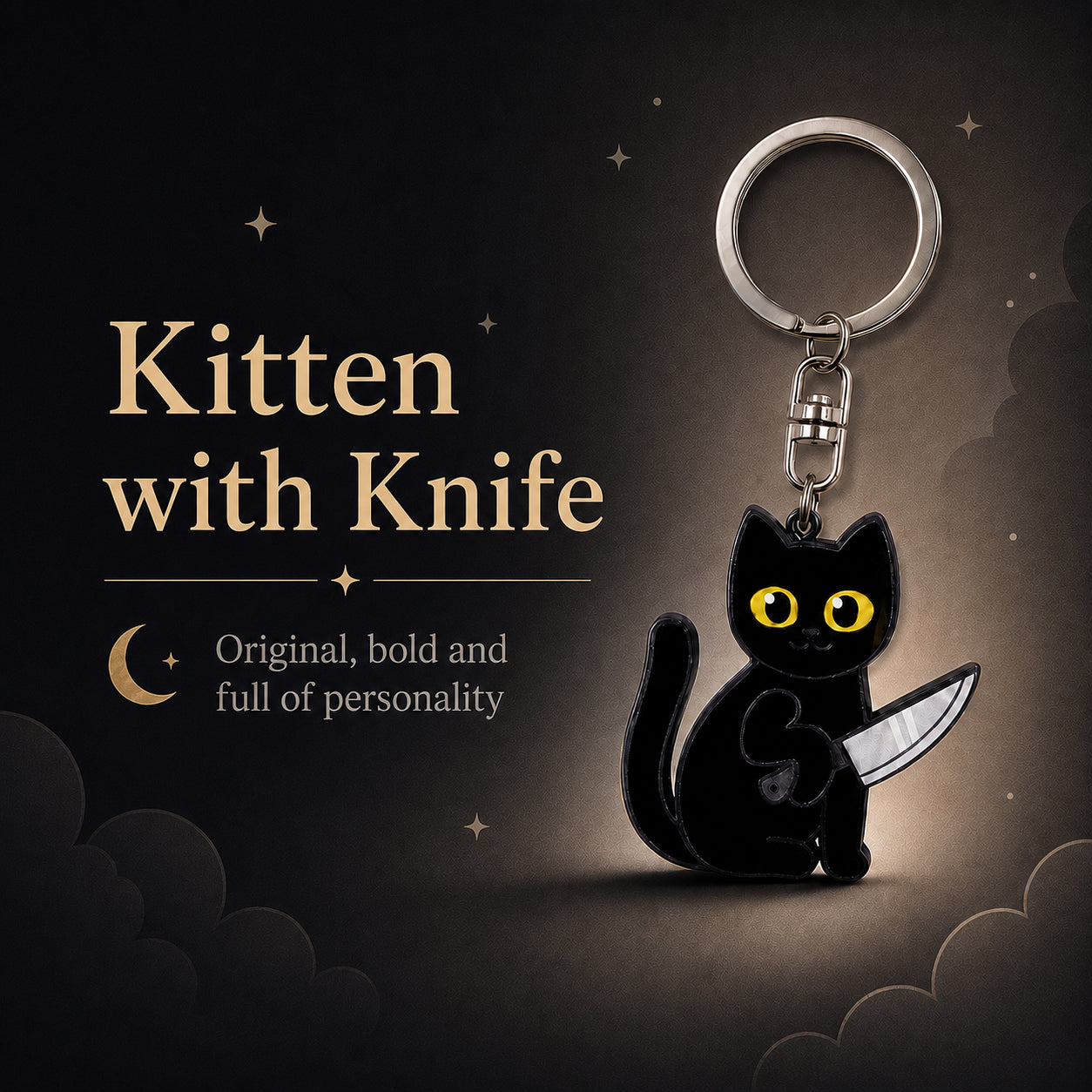 Wooden Black Cat with Knife Keyring