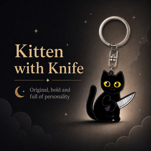 Wooden Black Cat with Knife Keyring