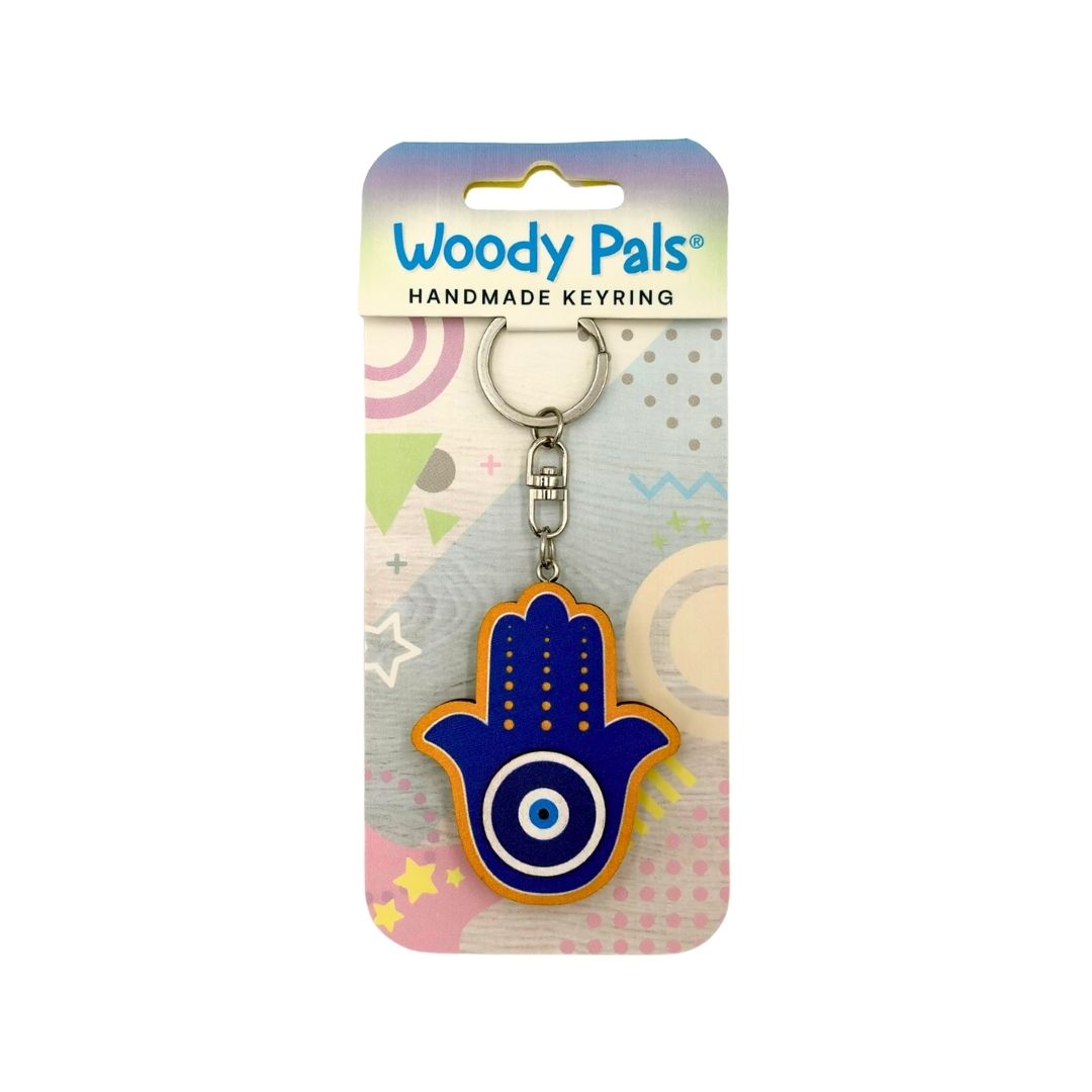 Wooden Hamsa Hand & Evil Eye Keyring