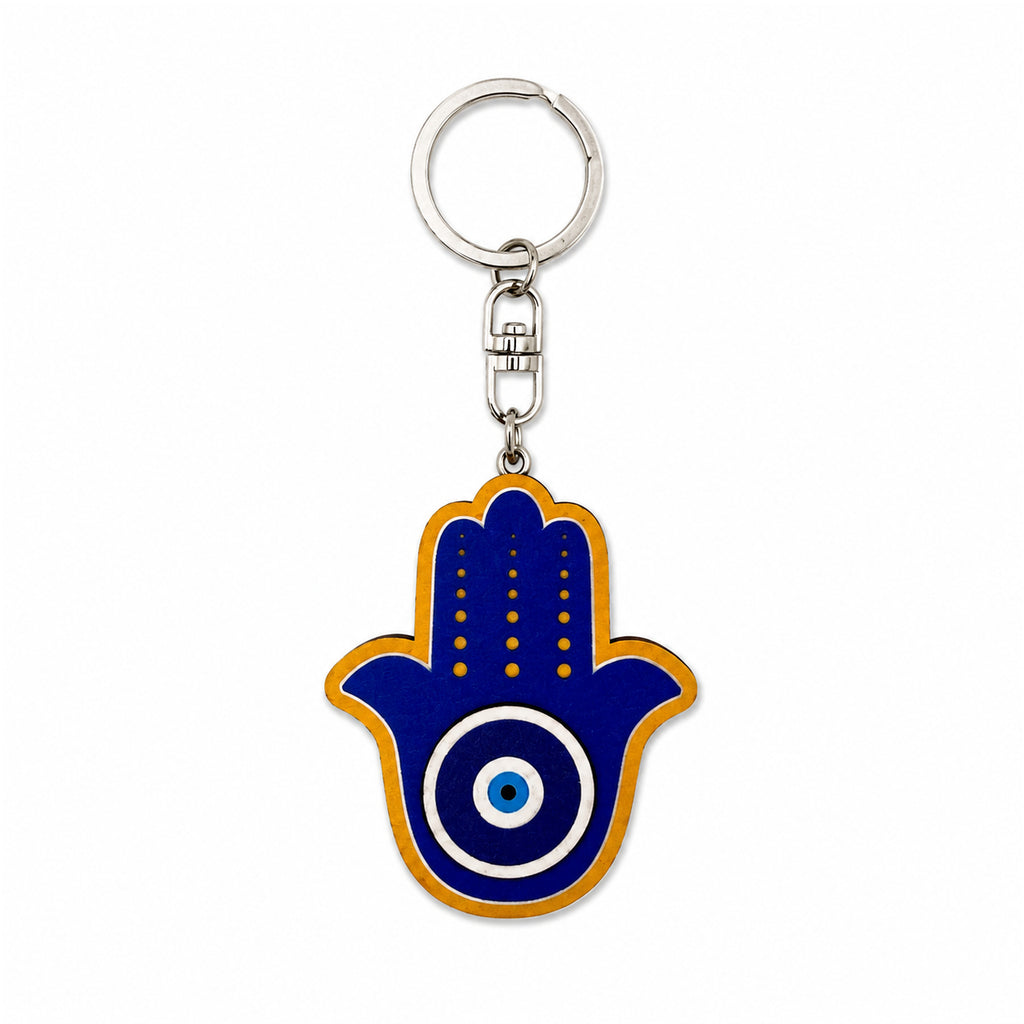 Wooden Hamsa Hand & Evil Eye Keyring