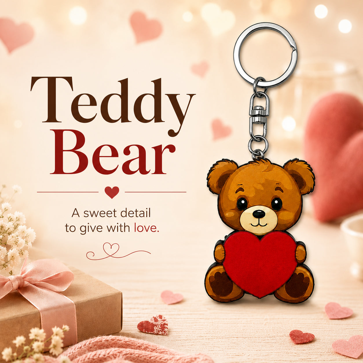 Wooden Teddy Bear Heart Keyring