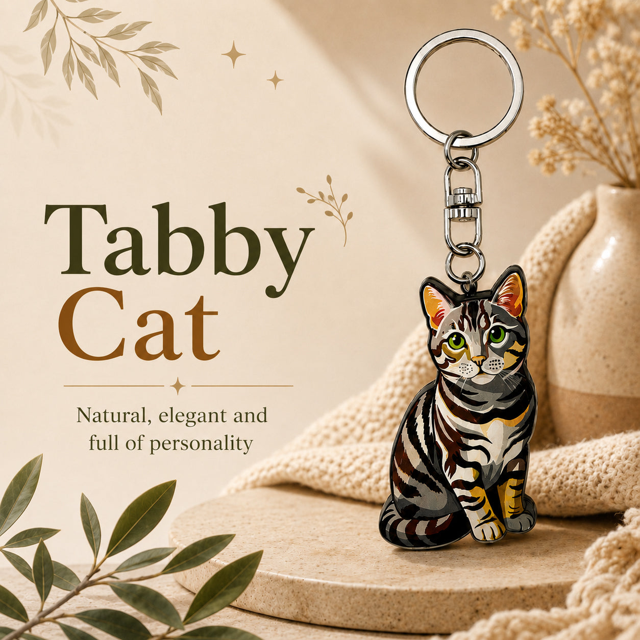 Wooden Tabby Cat Keyring
