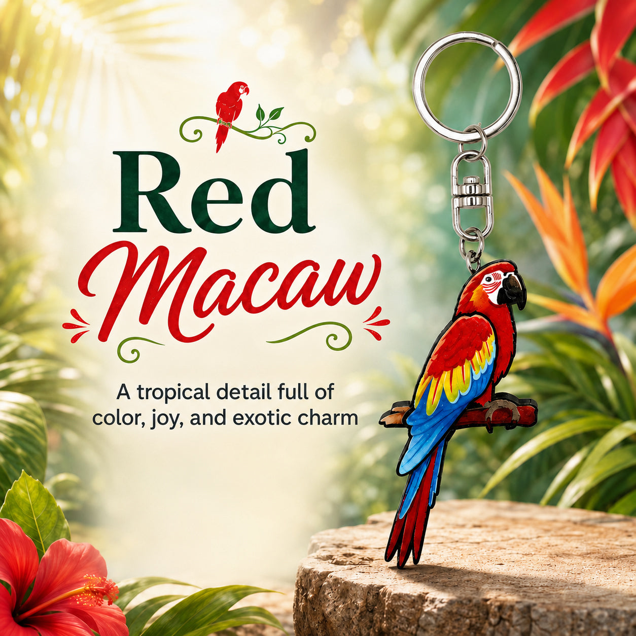 Wooden Red Macaw Keyring