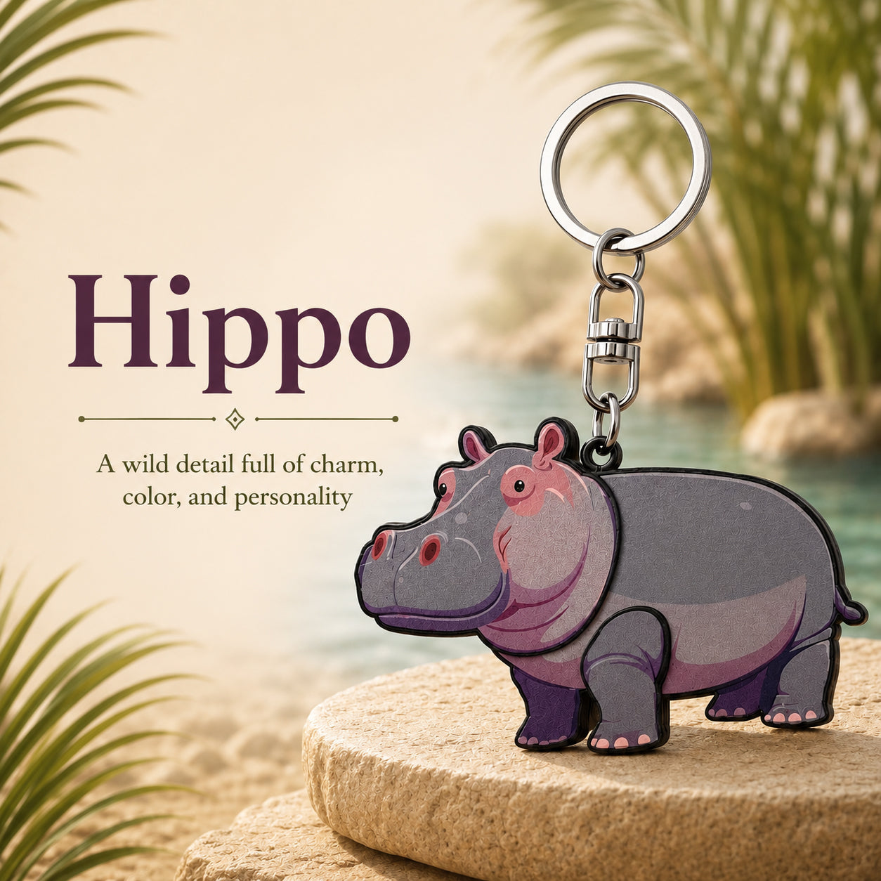 Wooden Hippopotamus Keyring